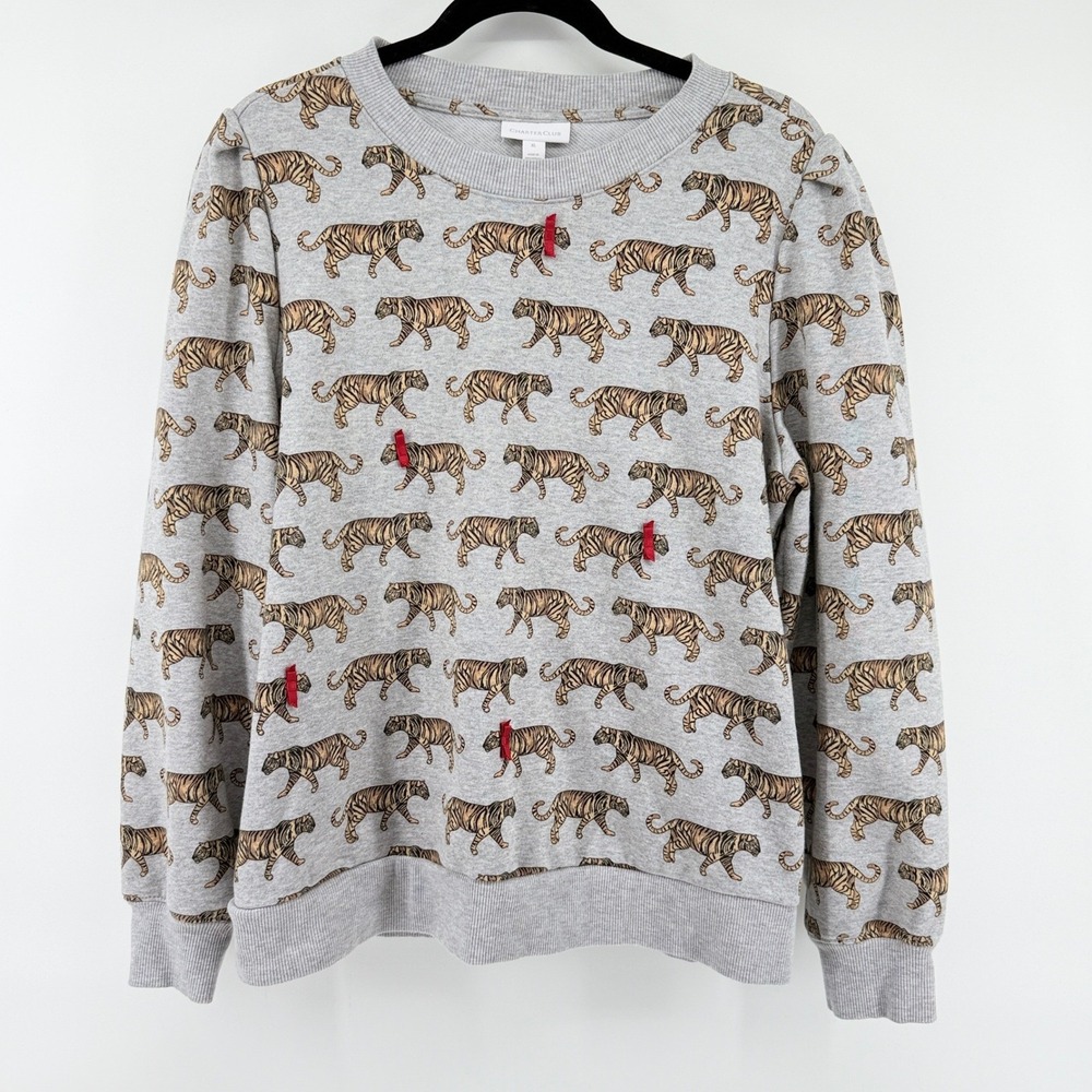 Charter Club Sweatshirt Tiger Print Bow XL Gray Womens Crewneck Puff Sleeve